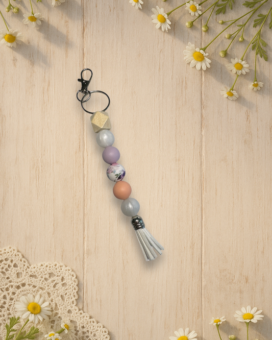 Silicone Bead Keychain- 'Petals & Pearls' -Floral Print, Pearl, Light Purple