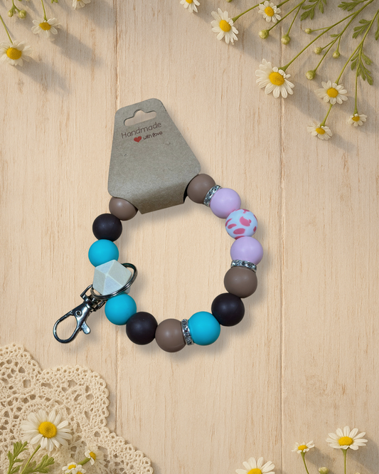 Silicone Beaded Keychain Wristlet| Turquoise Pink Cow Print Keychain