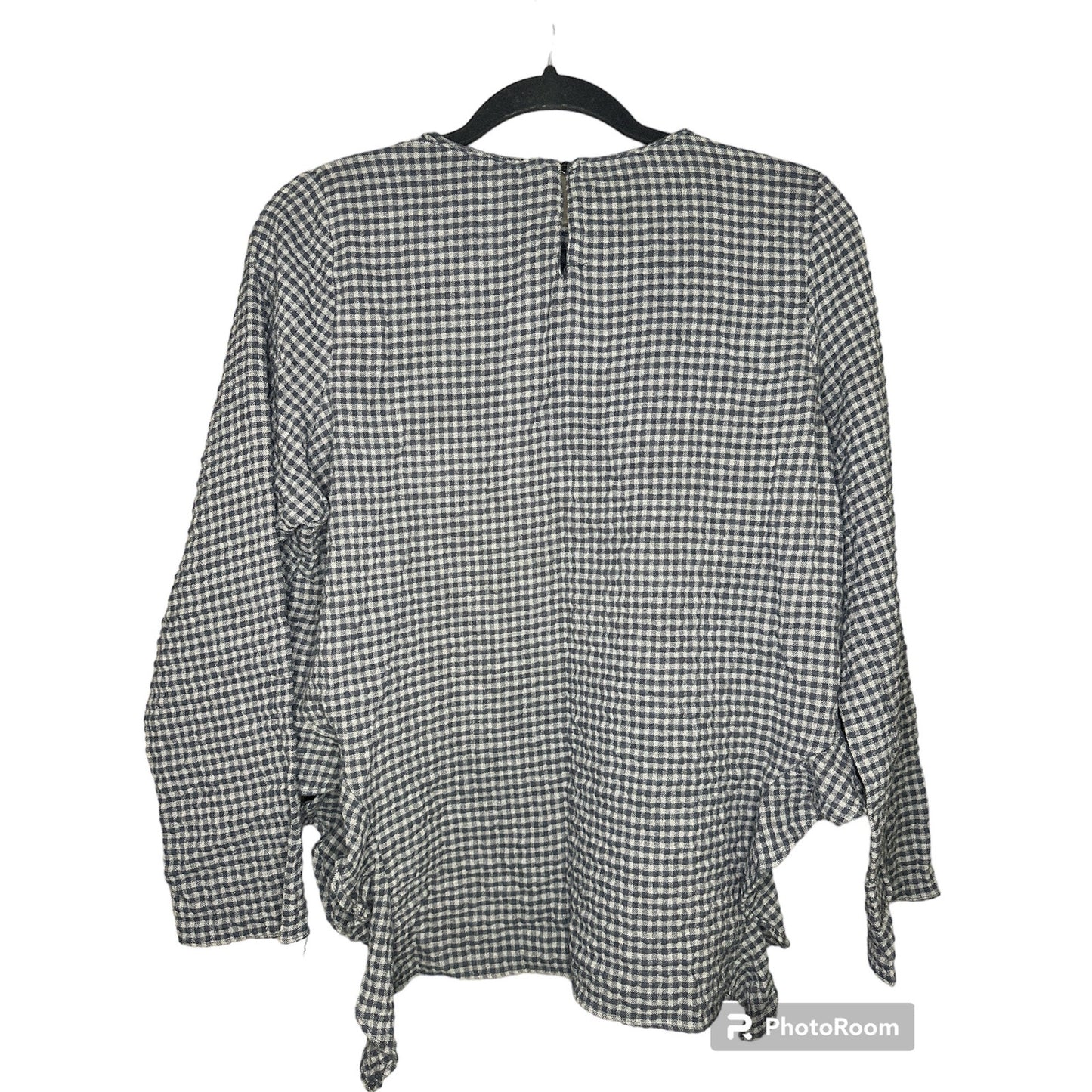 Zara Gingham Long Sleeve Grey Black Ruffle Hi Lo Blouse Size XS