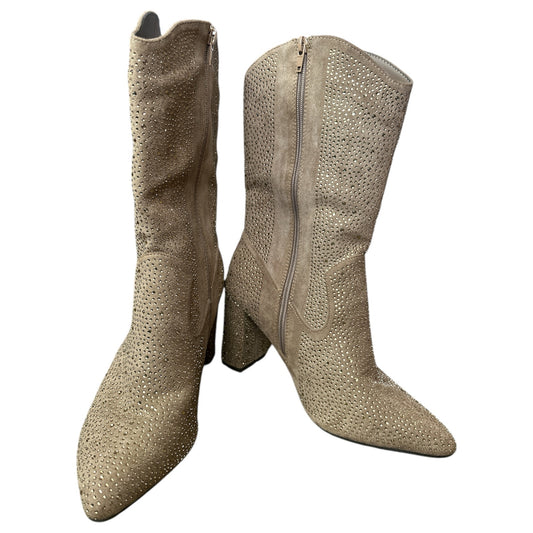Women’s Pierre Dumas Rhinestone Tan Western Zip Up Heeled Mid Calf Boots Size 11