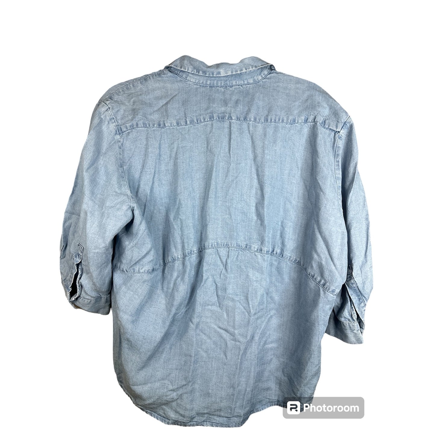 Zara Blue Jean/ Denim Chambray Half Sleeve V Neck Blouse Size Small