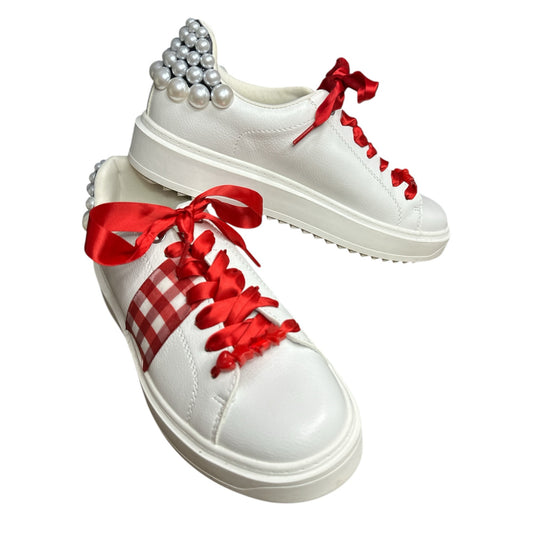 Steve Madden Red White Lace Up Plaid Pearl Valentines Platform Sneaker Size 9.5