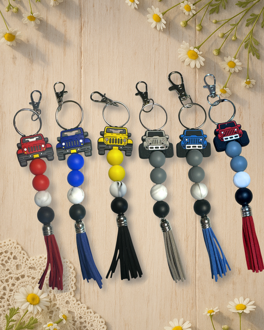 Silicone Bead Standalone Keychain | 'Trail Ready'- Grey, Blue, Yellow, & Red Jeep Silicone Keychain