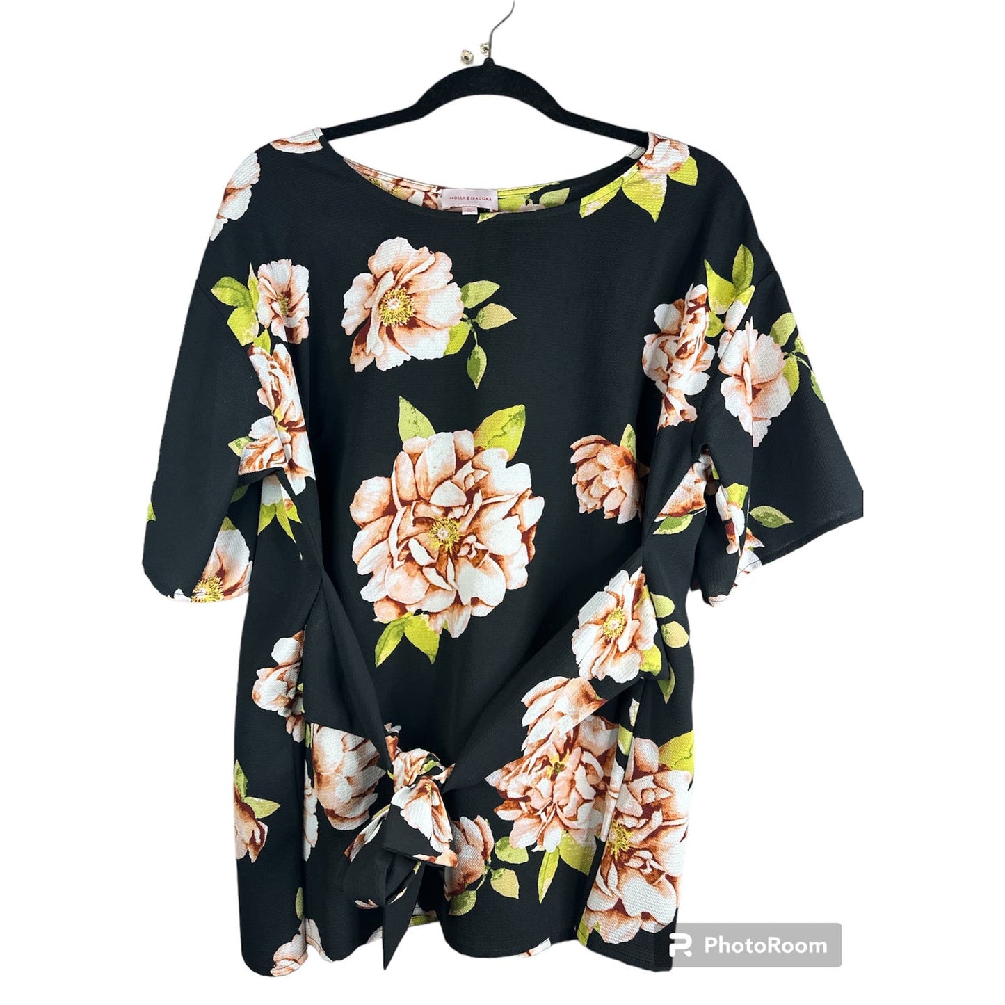 Molly Isadora Black Floral Print Short Sleeve Tie Waist Blouse Size 0X