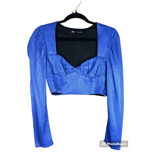 Zara Long Sleeve Dotted Blue Black Cropped Blouse Size Medium