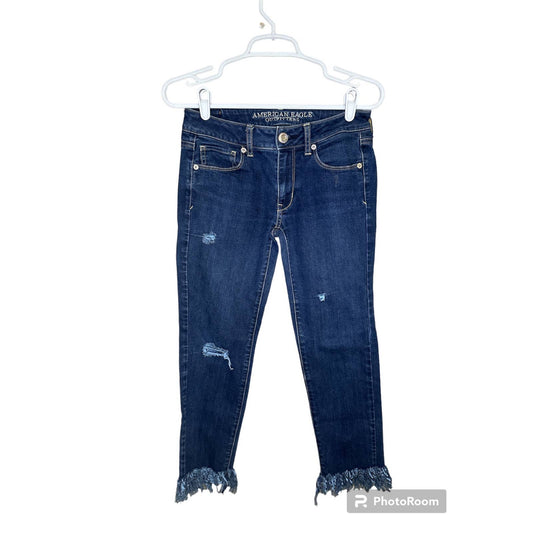 American Eagle Outfitters Raw Fringe Hem Distressed Blue Skinny Jeans Size 2