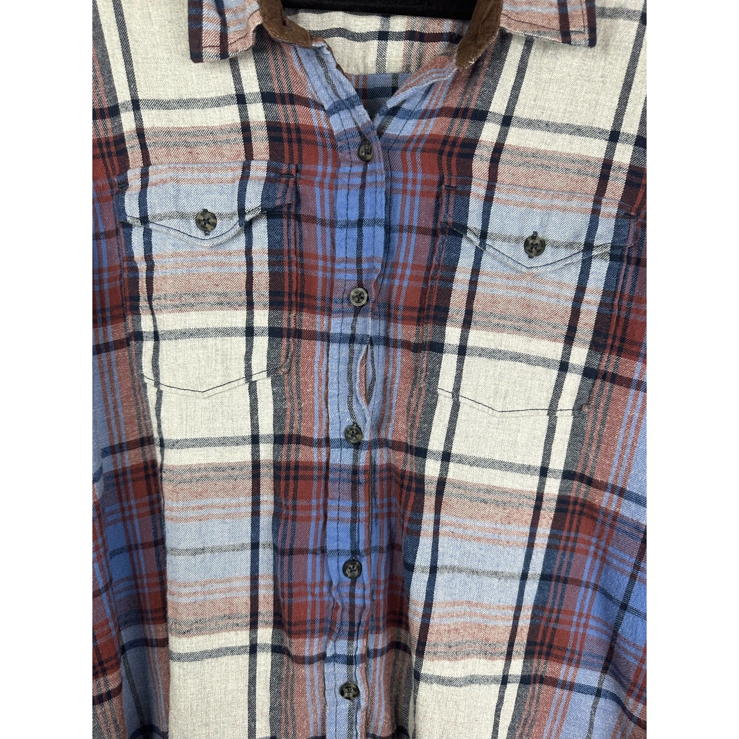 Men’s Kavu is Long Sleeve Blue Brown Plaid Elbow Patch Button Down Size Large
