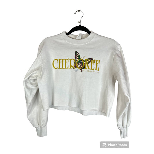Vintage White Long Sleeve Cropped Sweatshirt Cherokee Mountains Size Small
