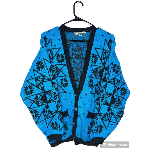 Vintage In The Park Blue Black Chunky Knit Button Down Cardigan Size M