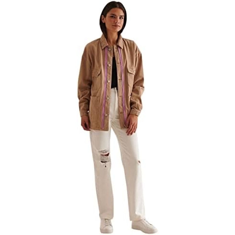NA-KD Women's Oversized Khaki Long Sleeve Lilac Stripe Detail Jacket Size 34
