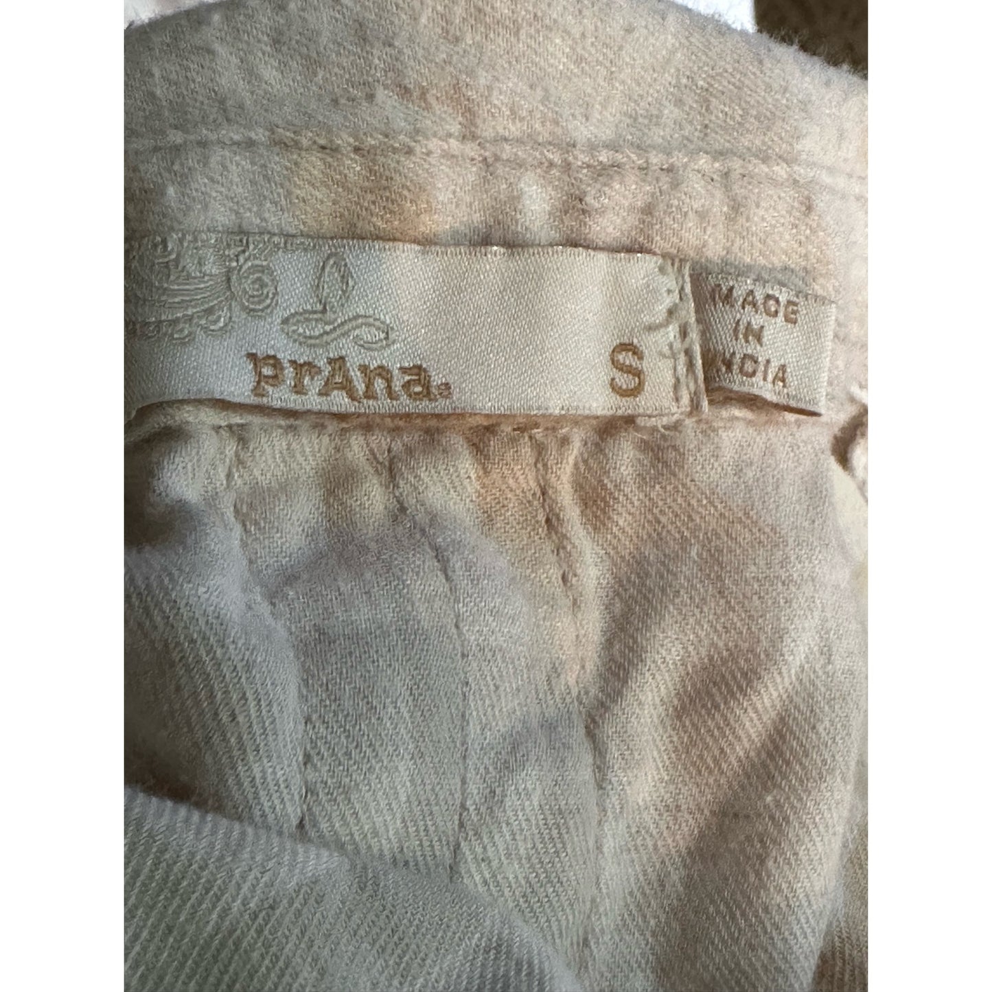 PrAna Long Sleeve Plaid Pattern Button Down Beige Brown Cream Flannel Size Small