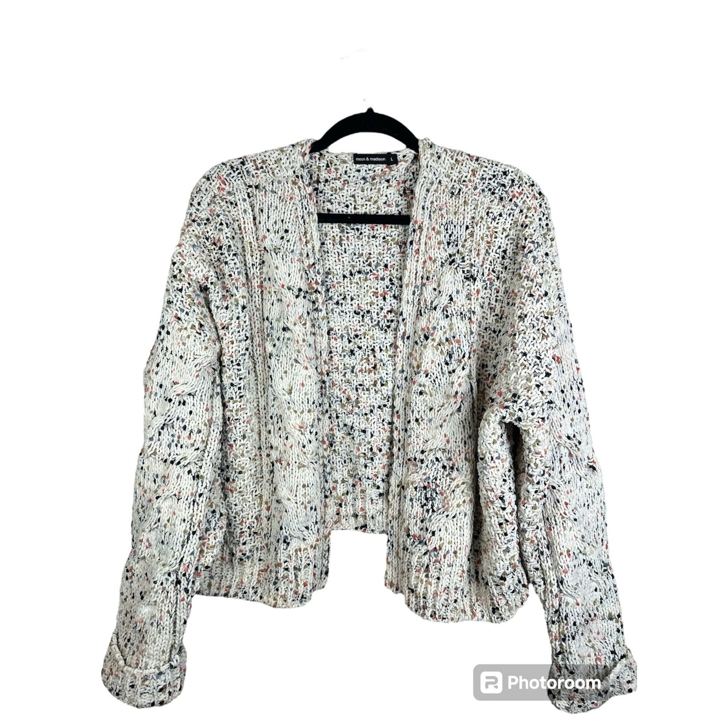 Moon & Madison Confetti Crocheted Chenille Open Front Cardigan White Size Large
