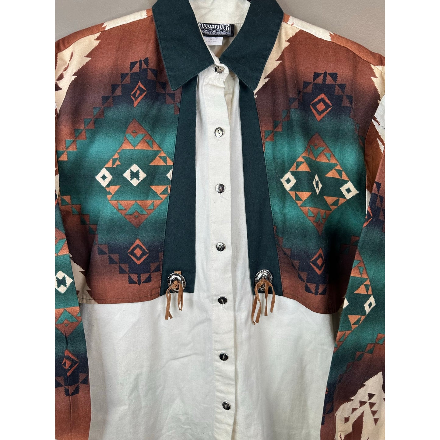 Vintage RoughRider Western Tassel Long Sleeve Button Down White Teal Size L