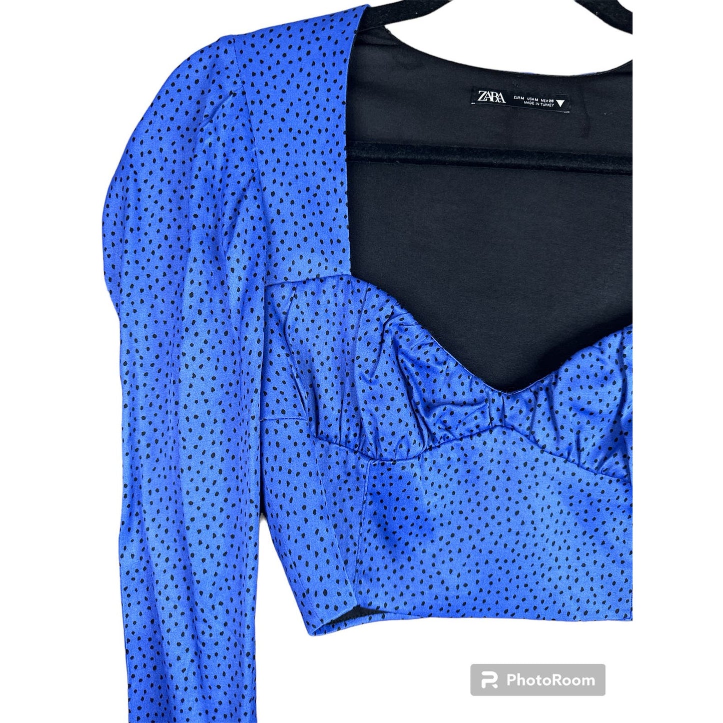 Zara Long Sleeve Dotted Blue Black Cropped Blouse Size Medium