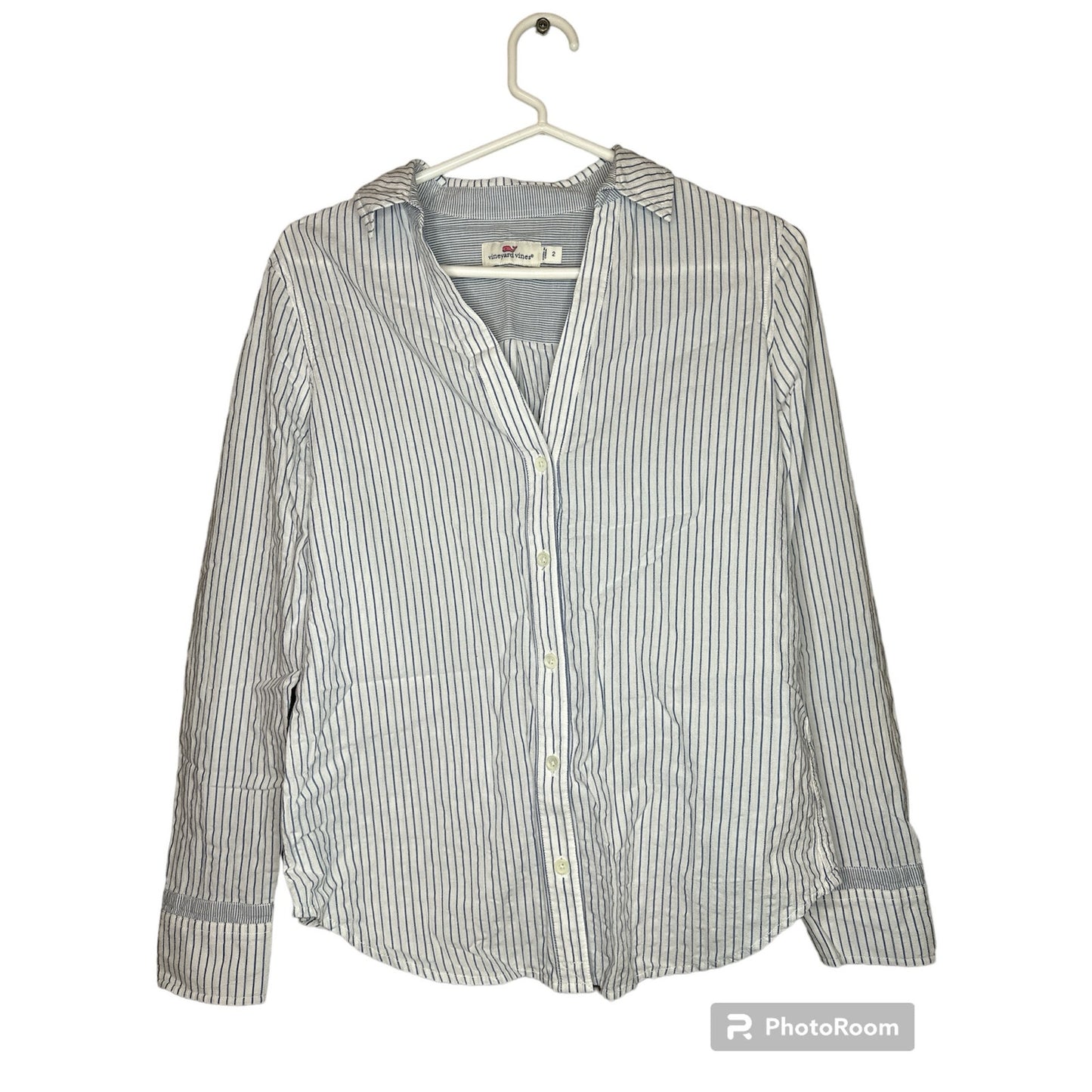 Vineyard Vines Black White Blue Stripe Button Down V Neck Blouse Size 2