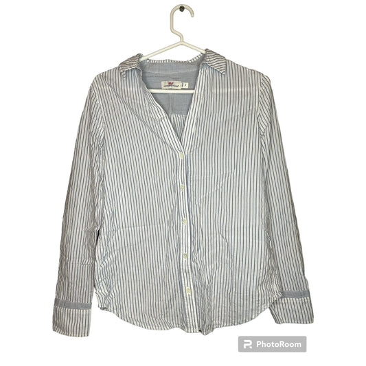Vineyard Vines Black White Blue Stripe Button Down V Neck Blouse Size 2