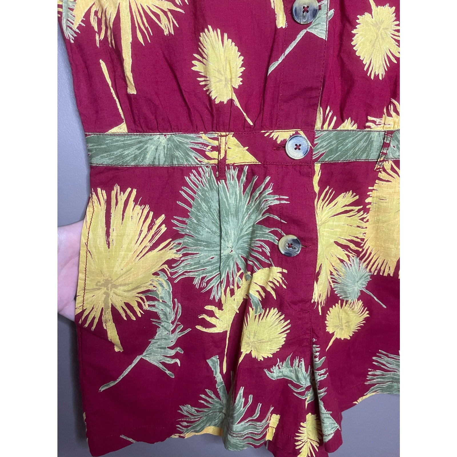 maroon and yellow free people button down short sleeve romper- pockets