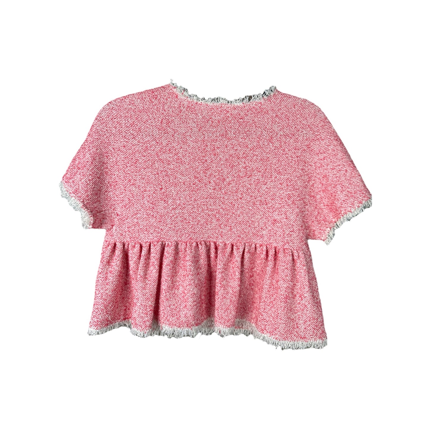 Rebecca Taylor Pink Coral Tweed Short Sleeve Fringe Raw Hem Crop Blouse Size 2