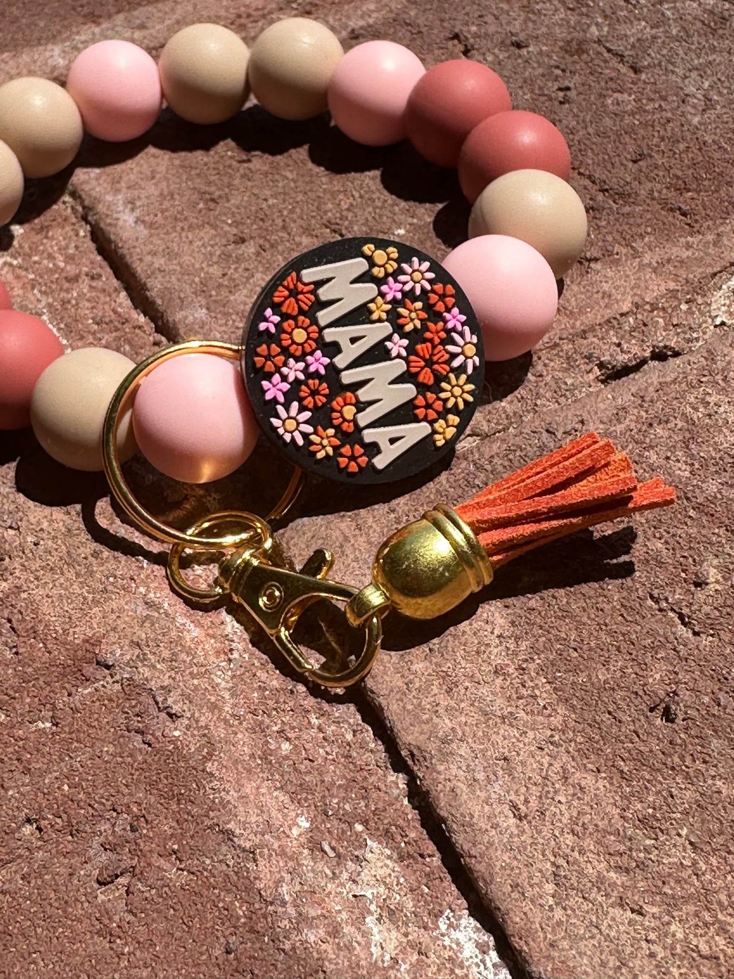 Silicone Beaded Wristlet Keychain | Floral 'Mama' Beige, Rust Light Pink