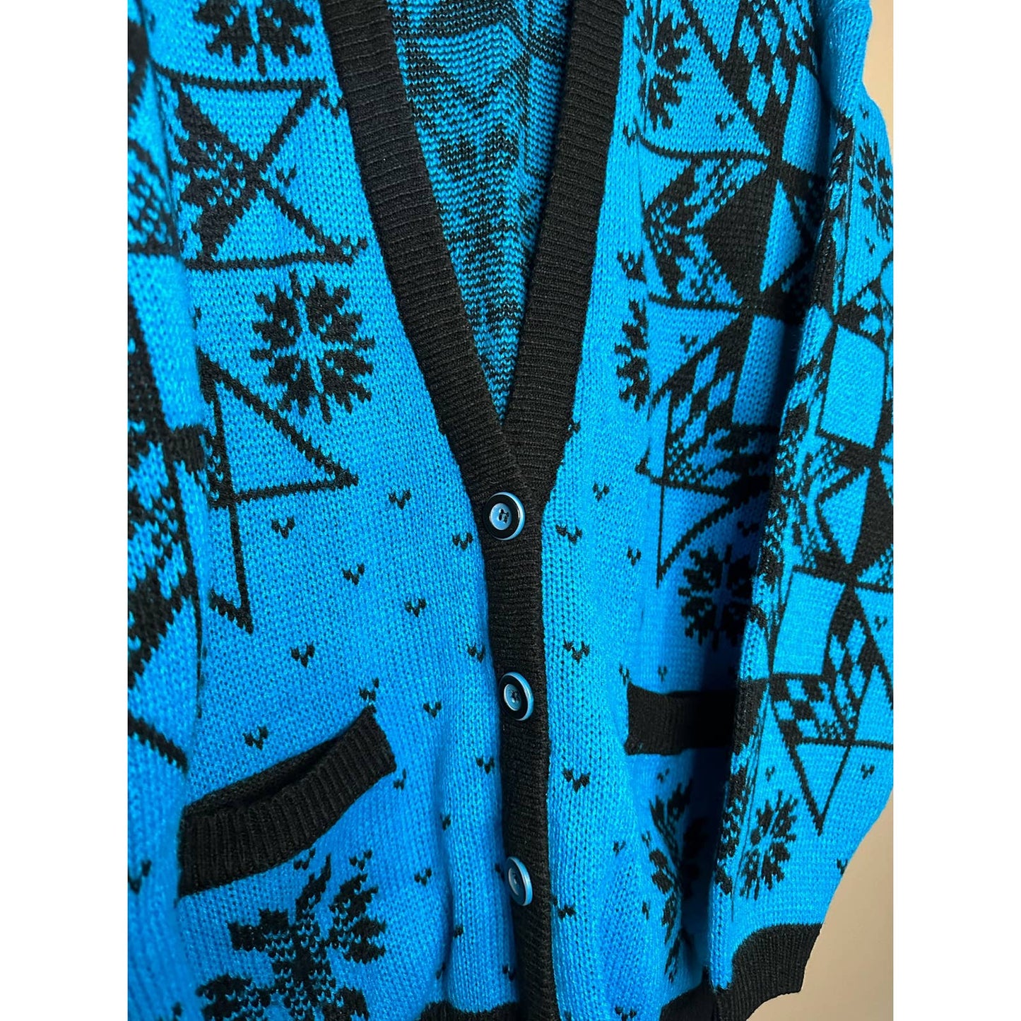 Vintage In The Park Blue Black Chunky Knit Button Down Cardigan Size M
