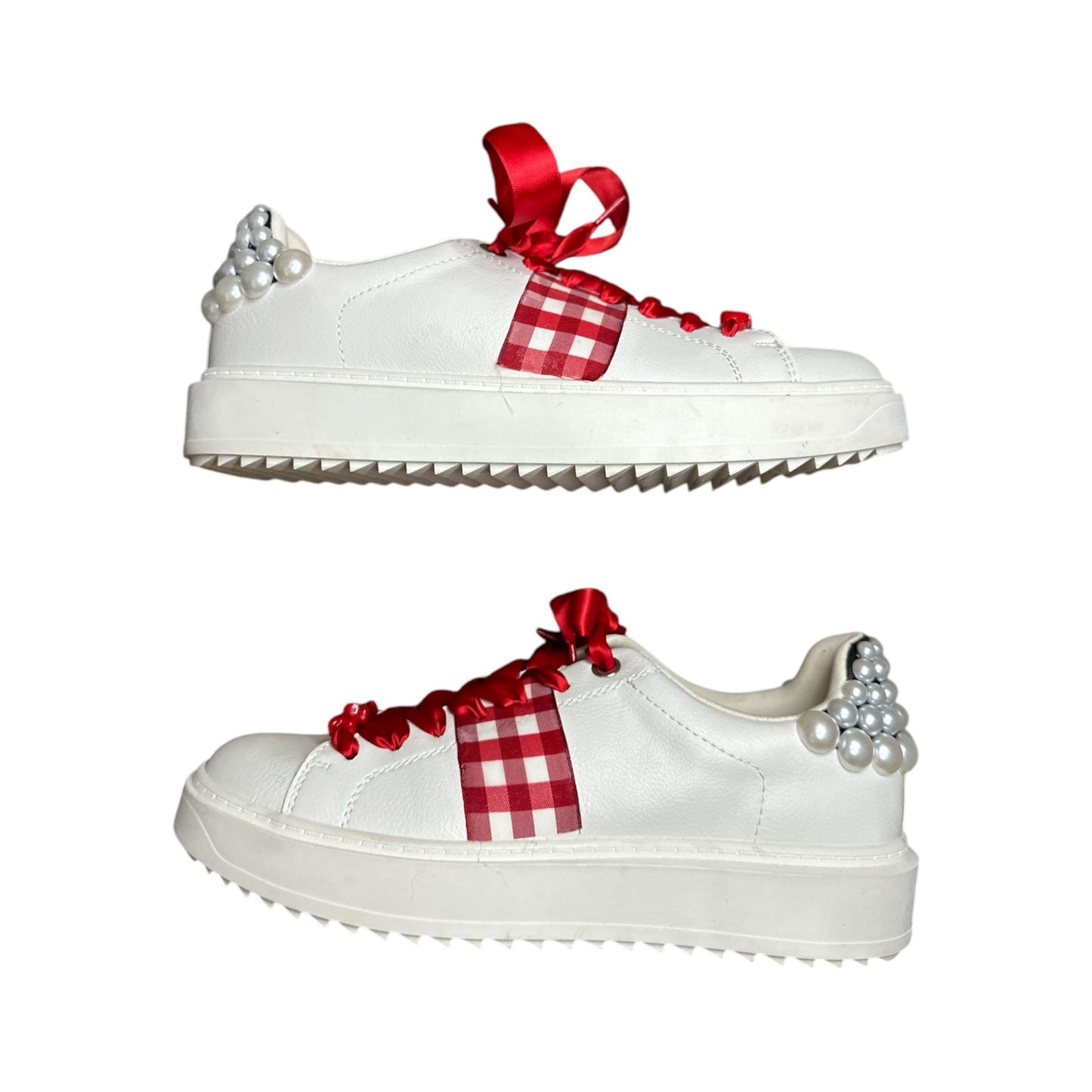 Steve Madden Red White Lace Up Plaid Pearl Valentines Platform Sneaker Size 9.5