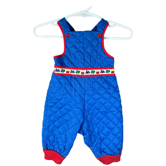 Boy’s Vintage Blue Red Quilted Overall Bibs Butto Train Pants Size 0-6 Months