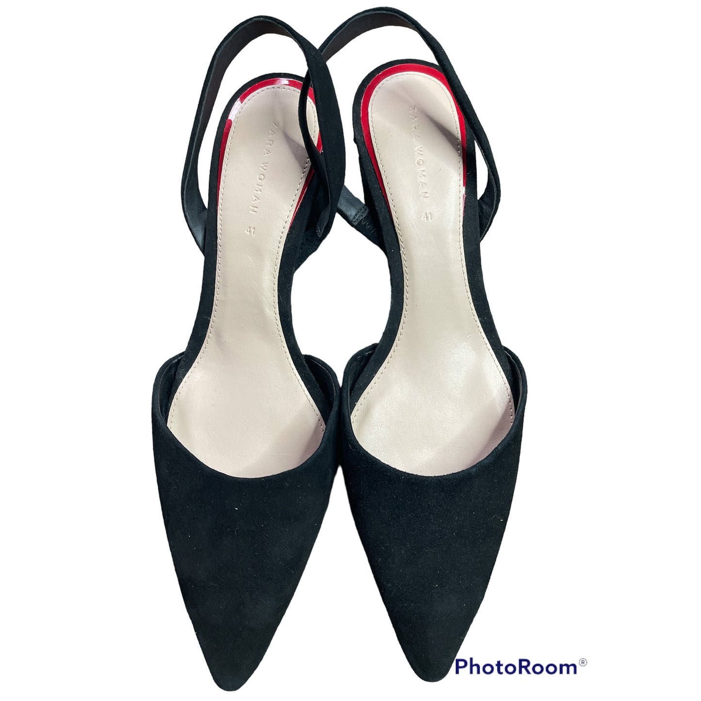 Zara D'orsay Black Red Ruffle Suede Pointed Toe Block Slingback Heel Size 41