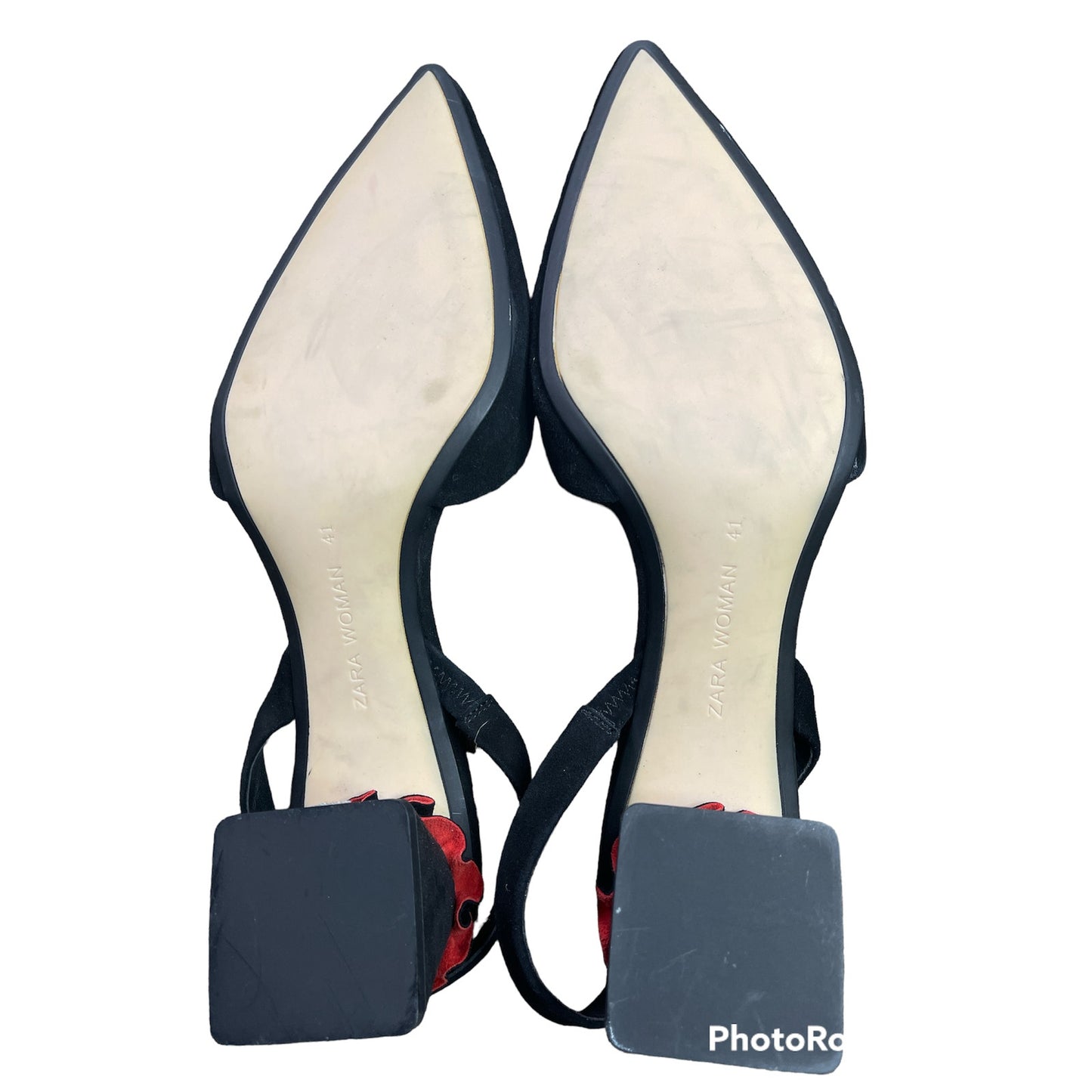 Zara D'orsay Black Red Ruffle Suede Pointed Toe Block Slingback Heel Size 41