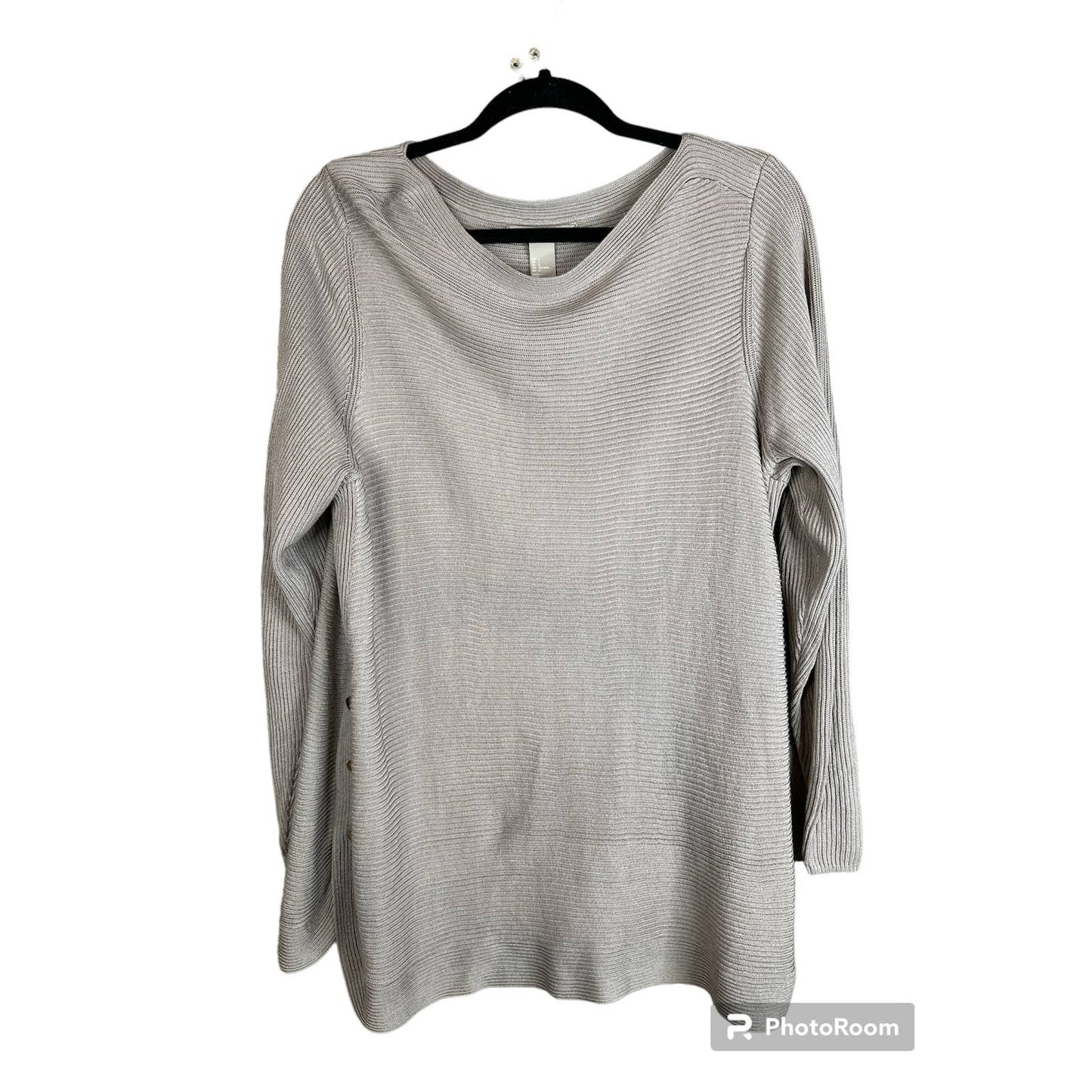 H&M Long Sleeve Side Buttons Grey Brown Scoop Neck Sweater Size Large