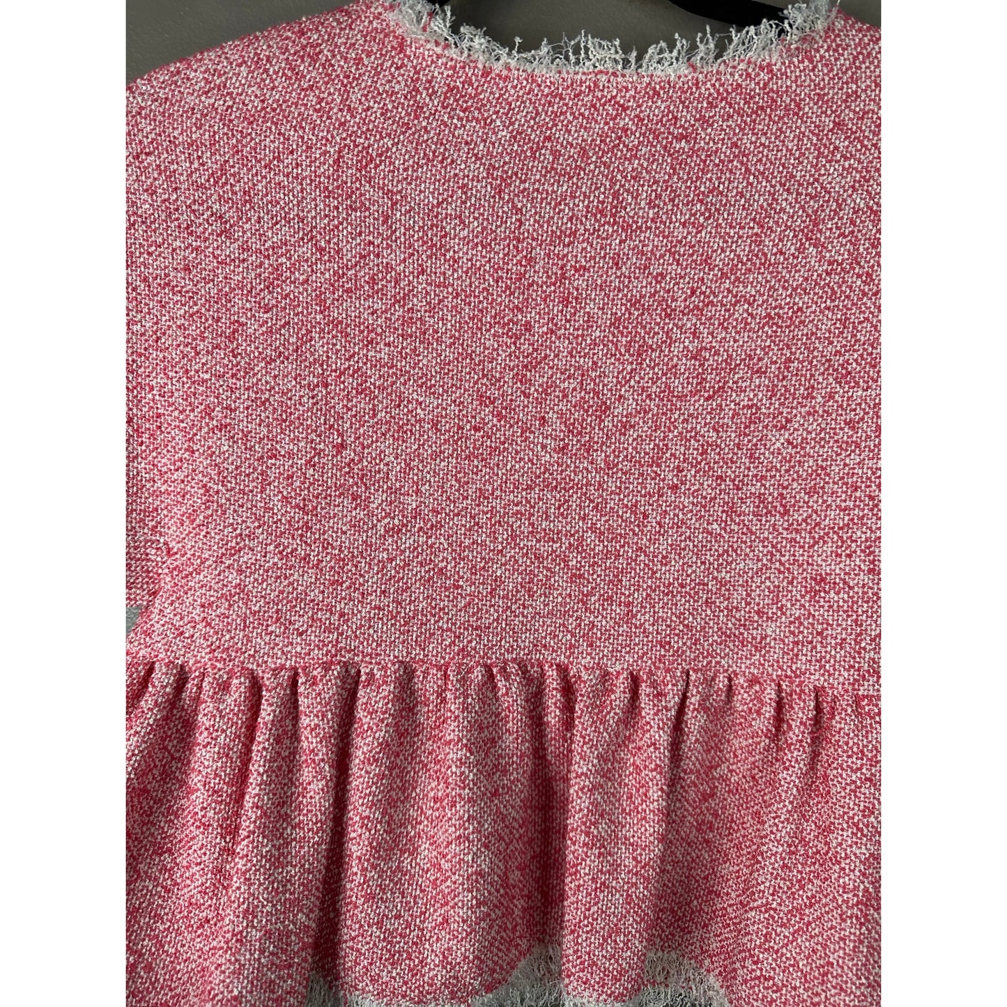 Rebecca Taylor Pink Coral Tweed Short Sleeve Fringe Raw Hem Crop Blouse Size 2
