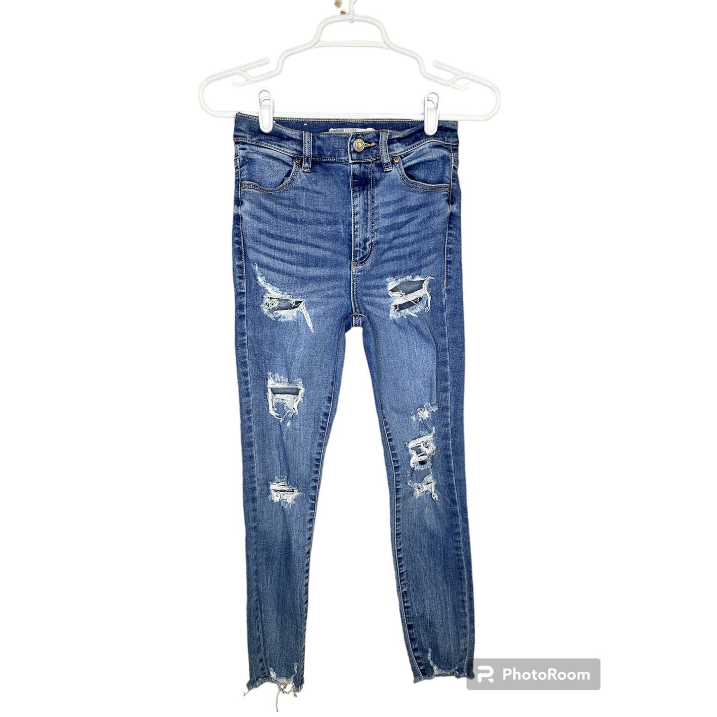 Garage Blue Jean Denim Ultra High Rise Distressed Raw Hem Size 24