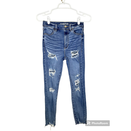 Garage Blue Jean Denim Ultra High Rise Distressed Raw Hem Size 24