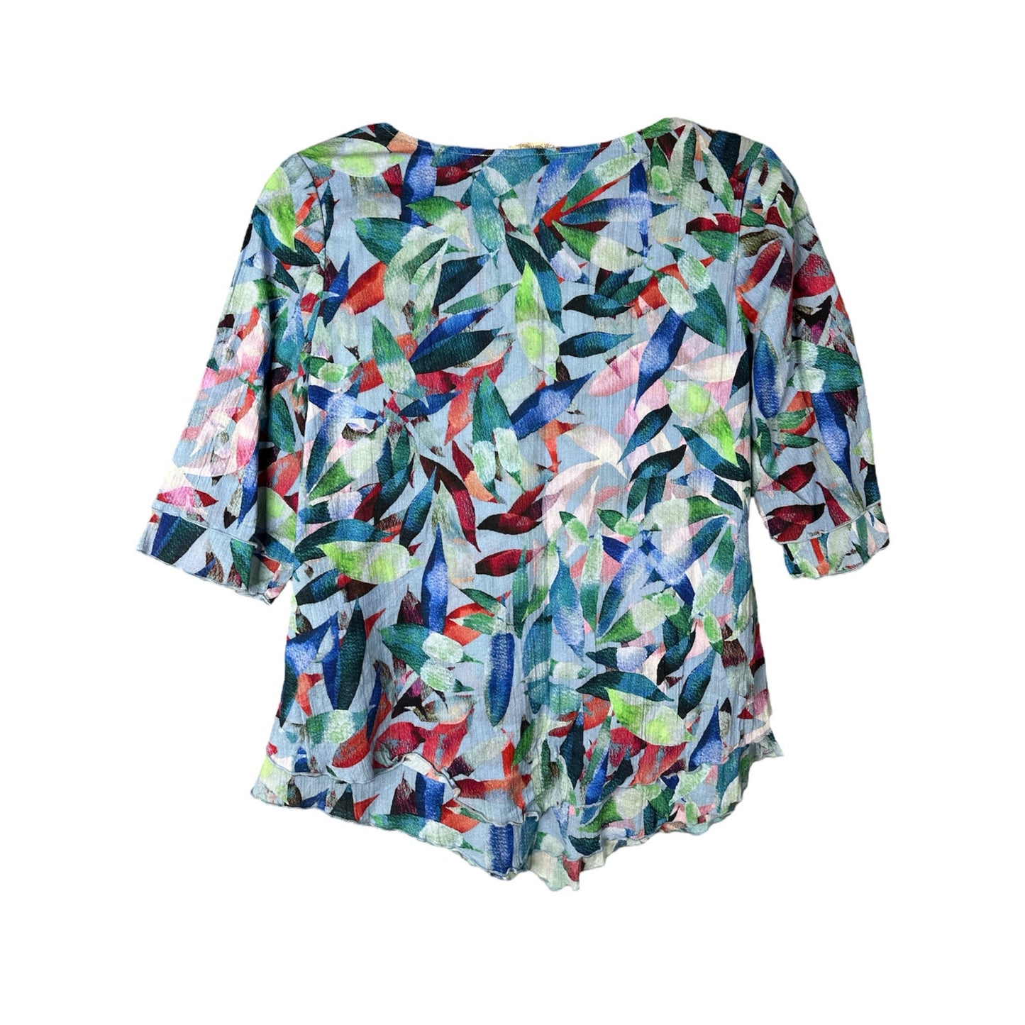 Soft Surroundings 'Siesta Key Tunic' 3/4 Sleeve Lettuce Hem Blue Blouse Size PXS