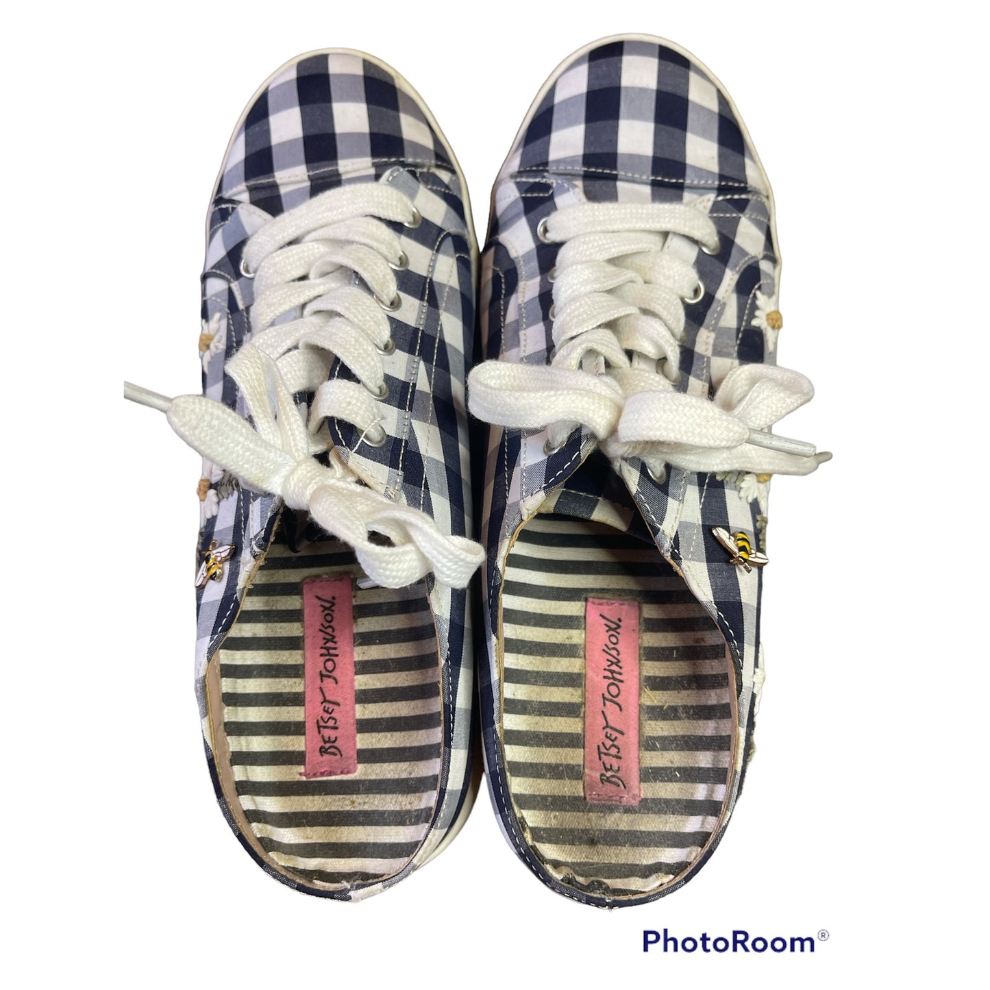 Betsey Johnson Gingham Blue White Slip On Mules Embroider Bee Size 8.5