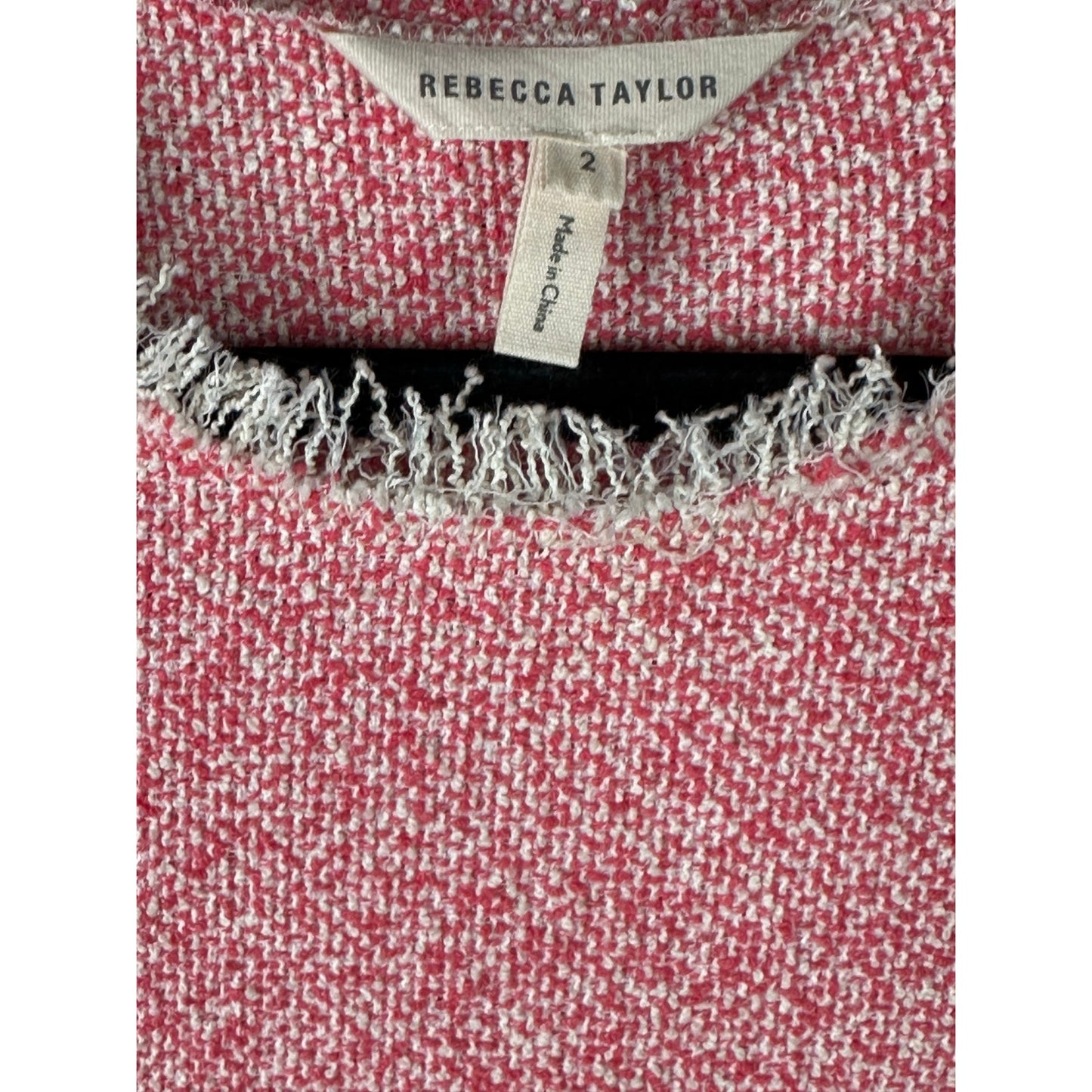 Rebecca Taylor Pink Coral Tweed Short Sleeve Fringe Raw Hem Crop Blouse Size 2