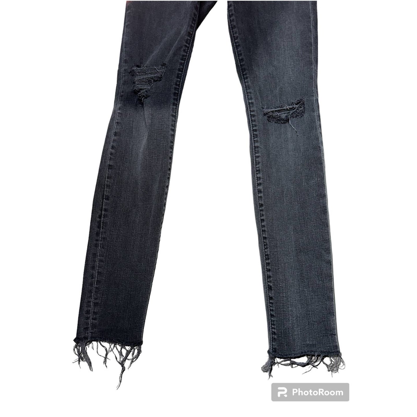 Madewell 9" Hi Rise Black Distressed Raw Hem/ Fringe Skinny Jeans Size 25
