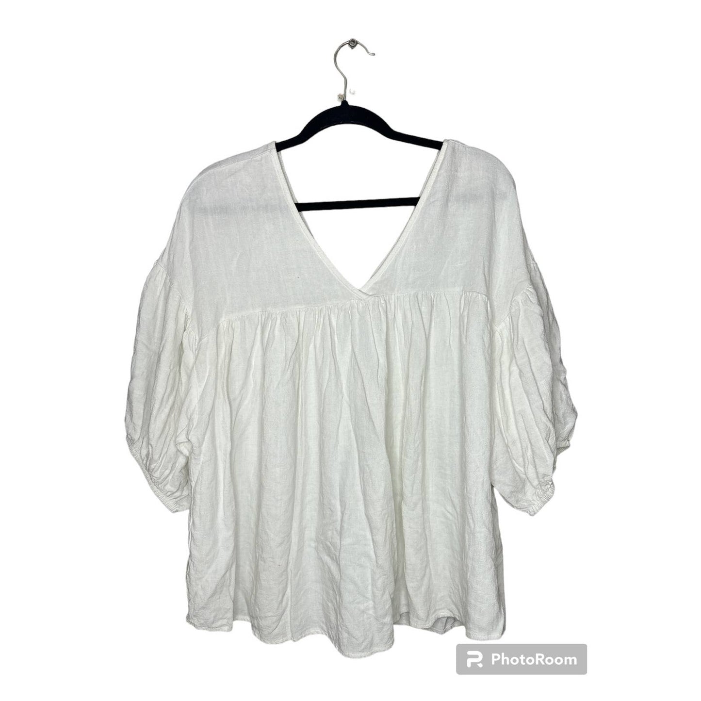 Ces Femme White V Neck Flowy Tunic Linen Blend Size Small