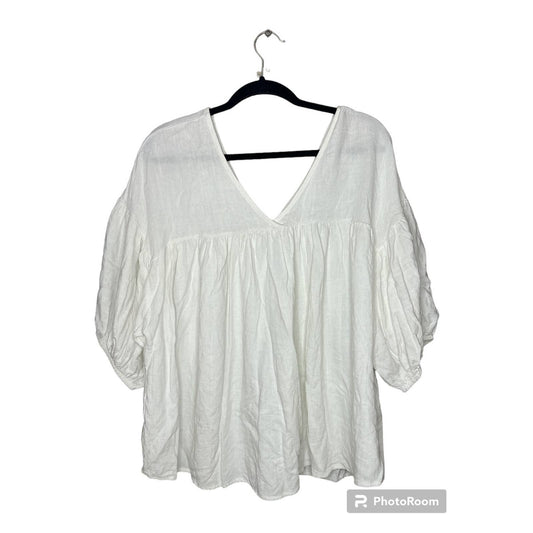 Ces Femme White V Neck Flowy Tunic Linen Blend Size Small