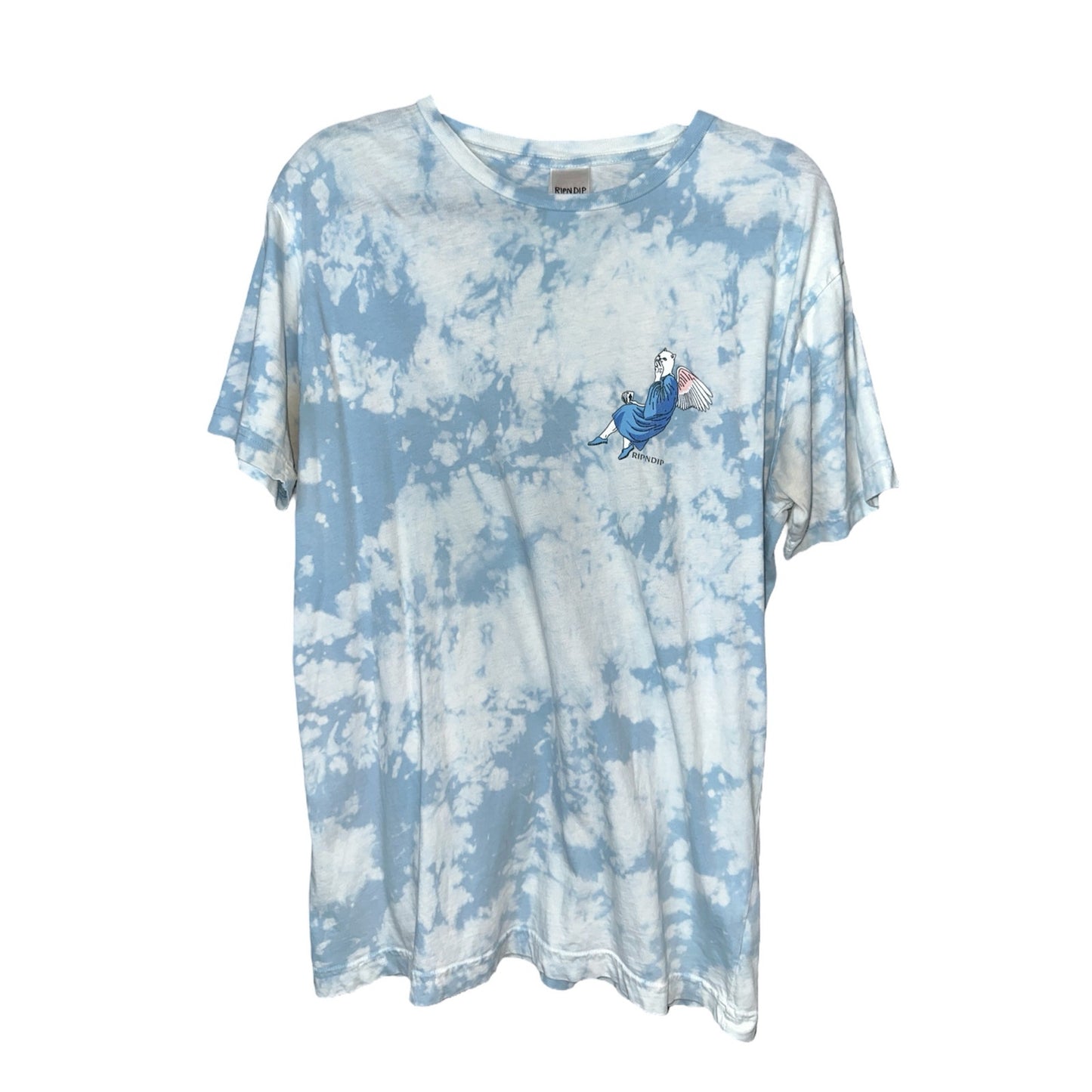 Rip N Dip Blue White Tie Dye Short Sleeve Graphic Cat Angel T-Shirt Size Large