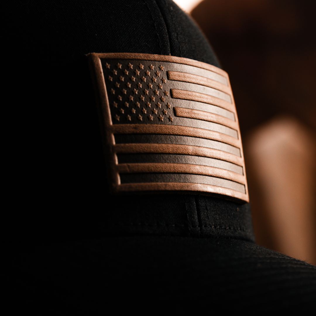 Unisex Black Mesh Back American Flag Hat - Leather Patch Trucker Snapback