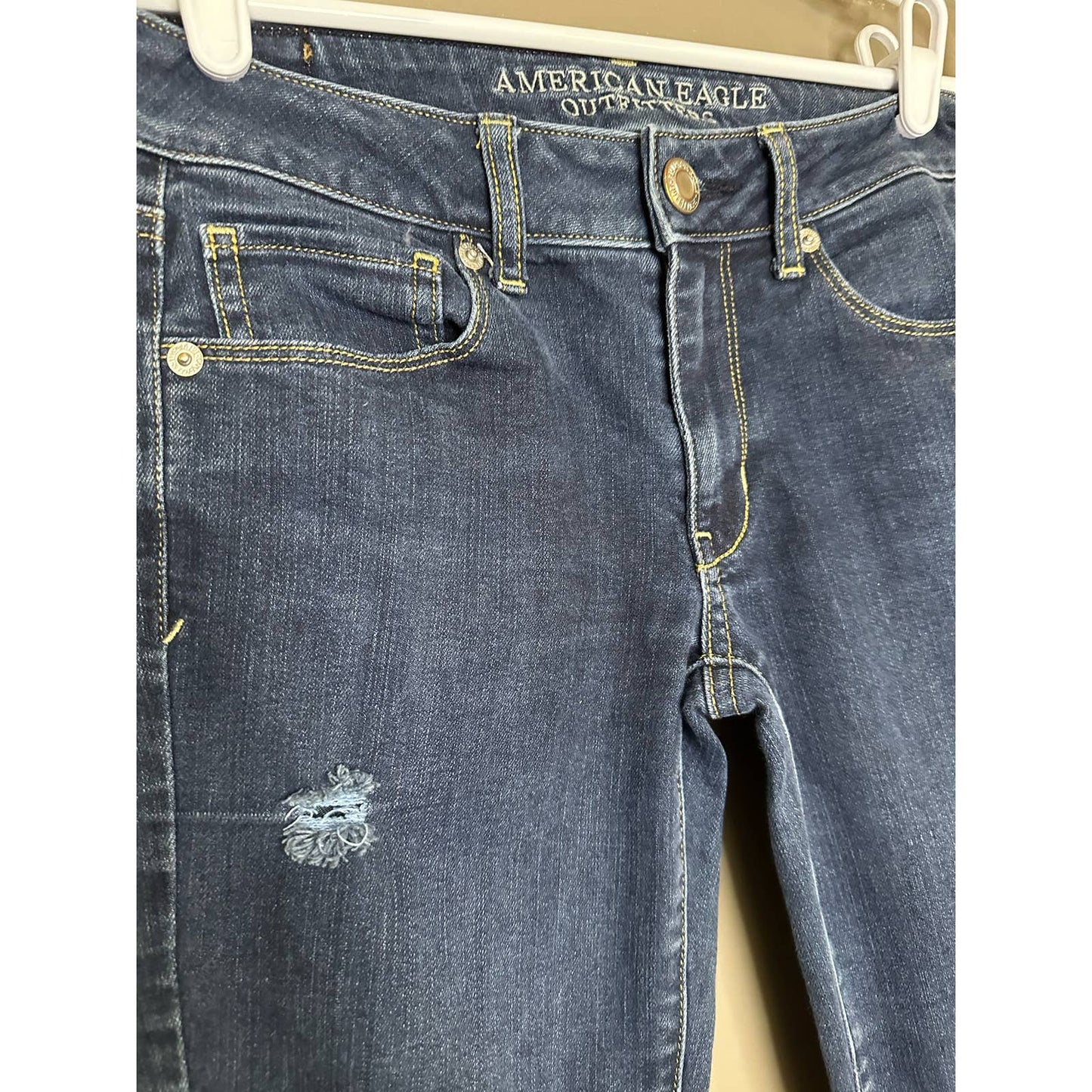 American Eagle Outfitters Raw Fringe Hem Distressed Blue Skinny Jeans Size 2