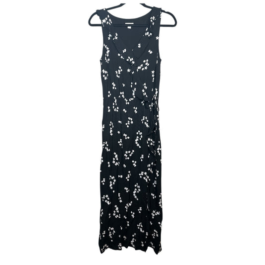 J Jill Black White V-Neck Floral Print Short Sleeve Side Slit Maxi Dress Size XS