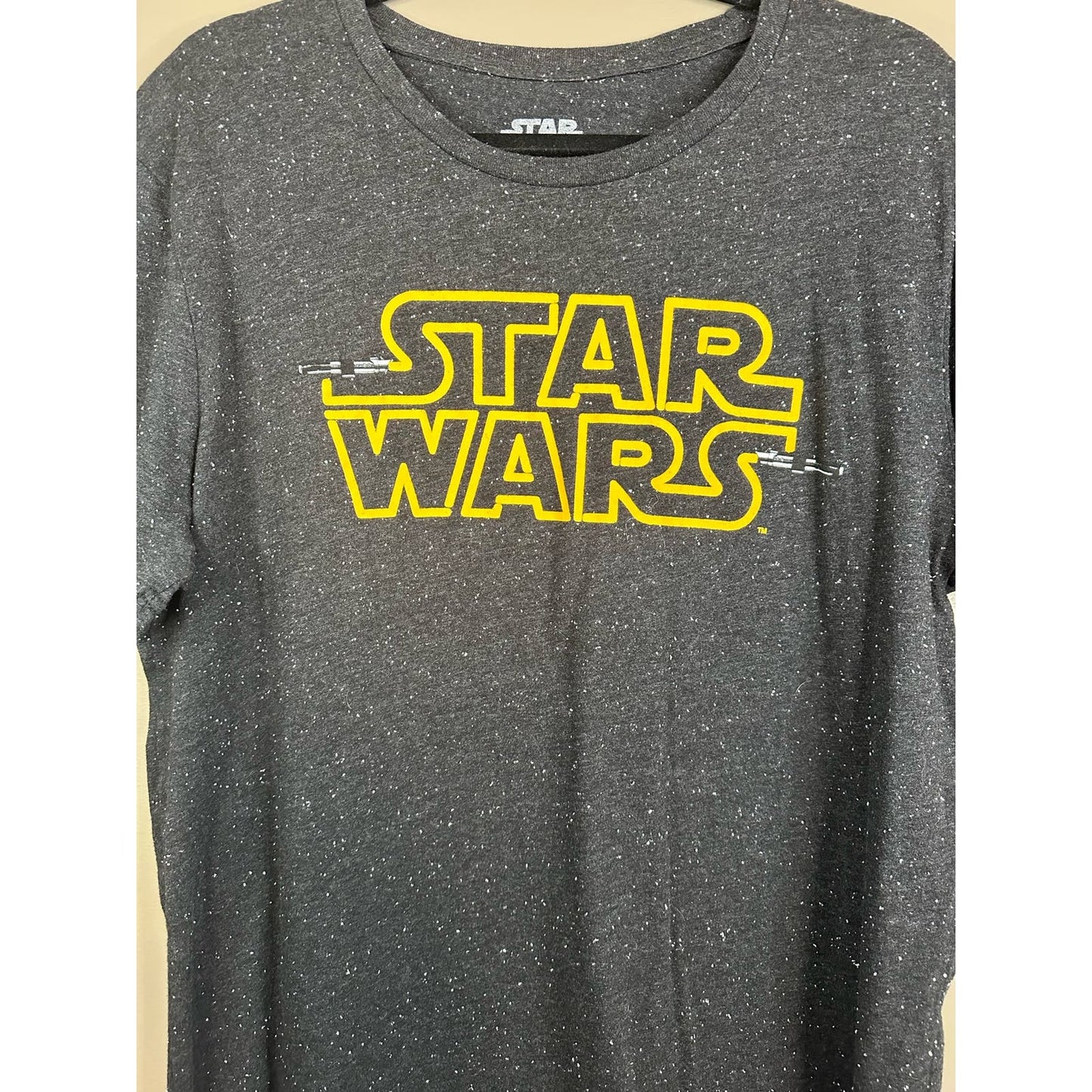 Grey White Galaxy Star Wars T-Shirt Black Yellow Short Sleeve Size XL