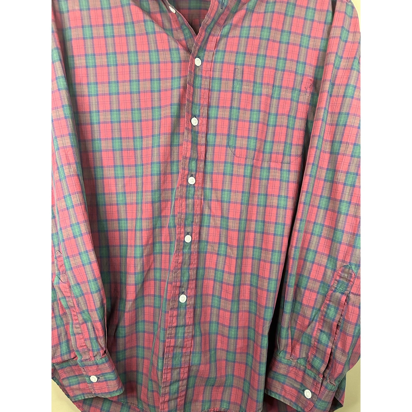 Vintage L.L. Bean Maroon Green Plaid Button Down Long Sleeve Shirt Size Large