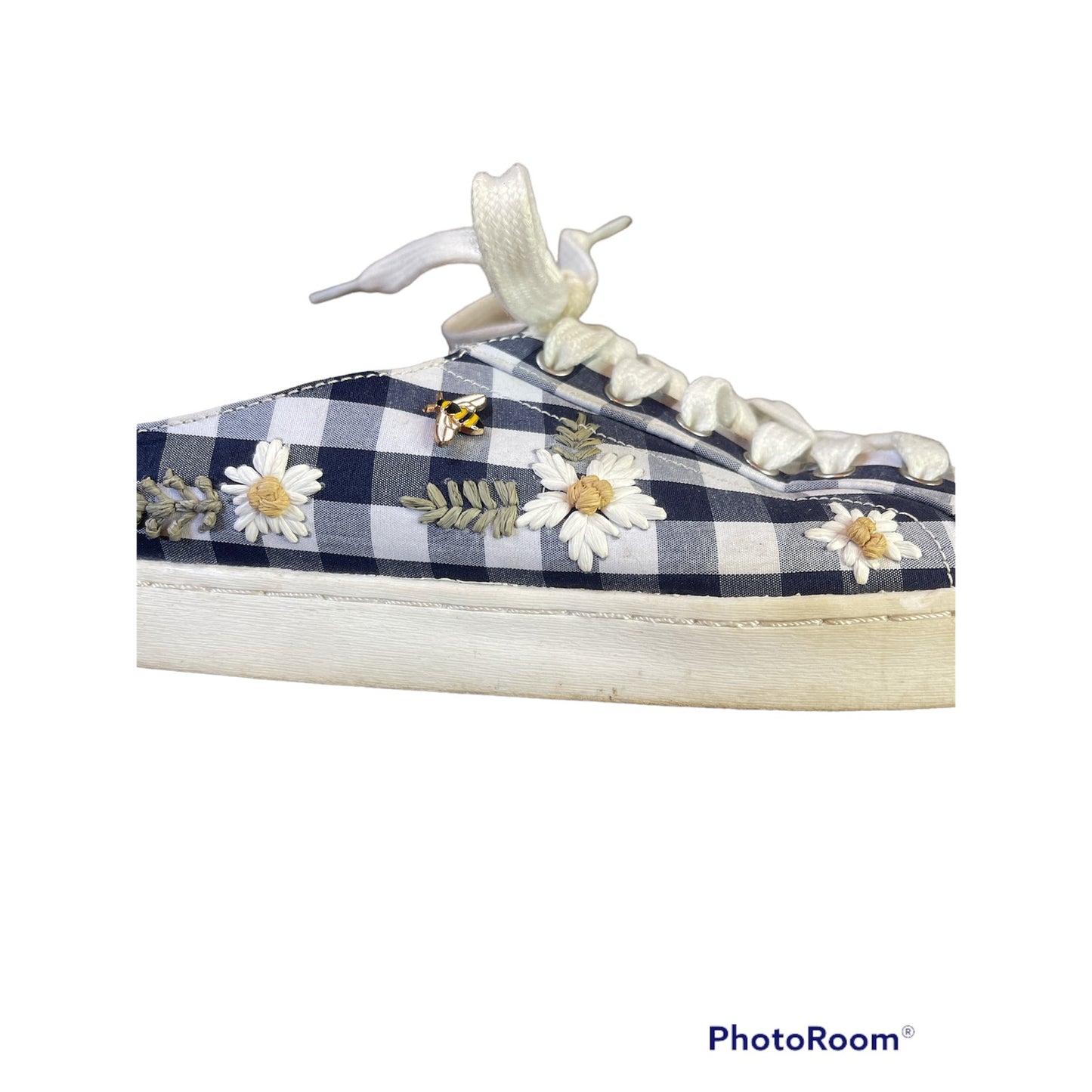 Betsey Johnson Gingham Blue White Slip On Mules Embroider Bee Size 8.5