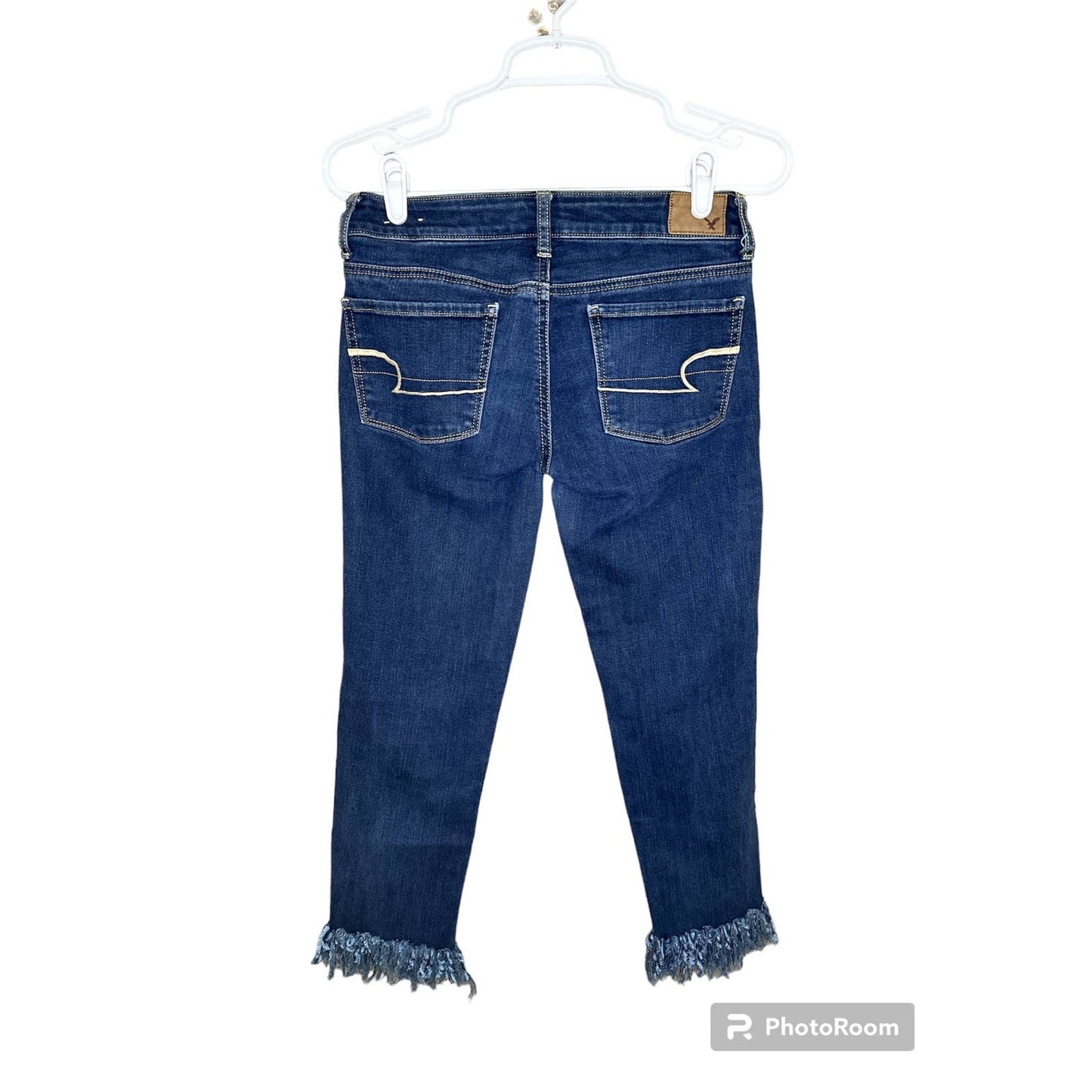 American Eagle Outfitters Raw Fringe Hem Distressed Blue Skinny Jeans Size 2