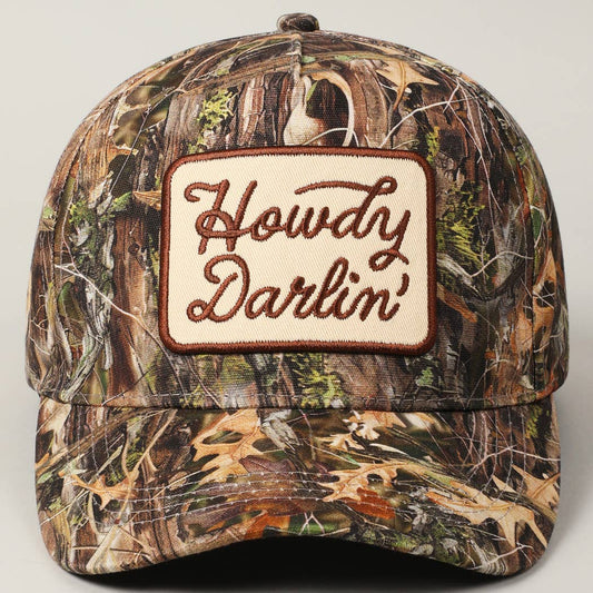 'Howdy Darlin' Embroidered Patch Camouflage Cream Baseball Trucker Hat