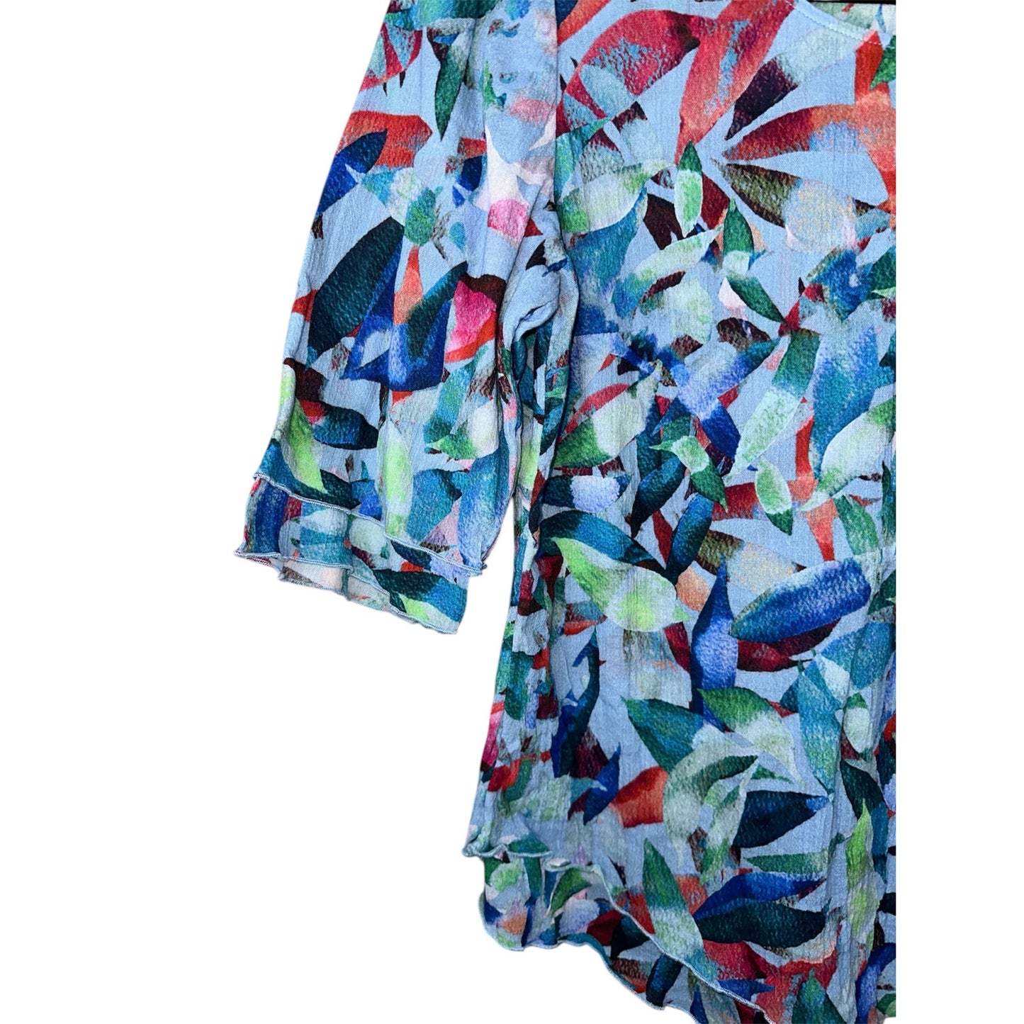 Soft Surroundings 'Siesta Key Tunic' 3/4 Sleeve Lettuce Hem Blue Blouse Size PXS
