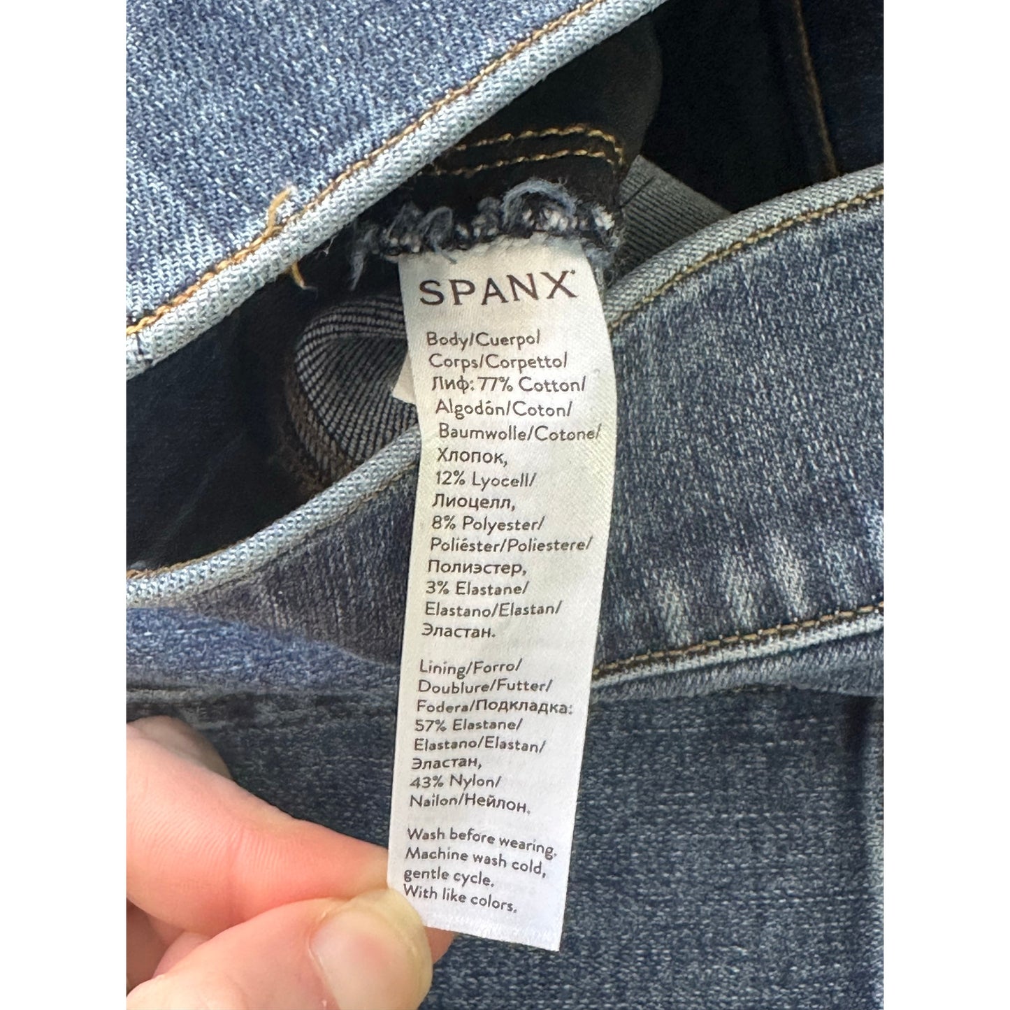 Spanx Blue Jean Denim Distressed Raw Hem Shaping Skinny Jeans Size Medium
