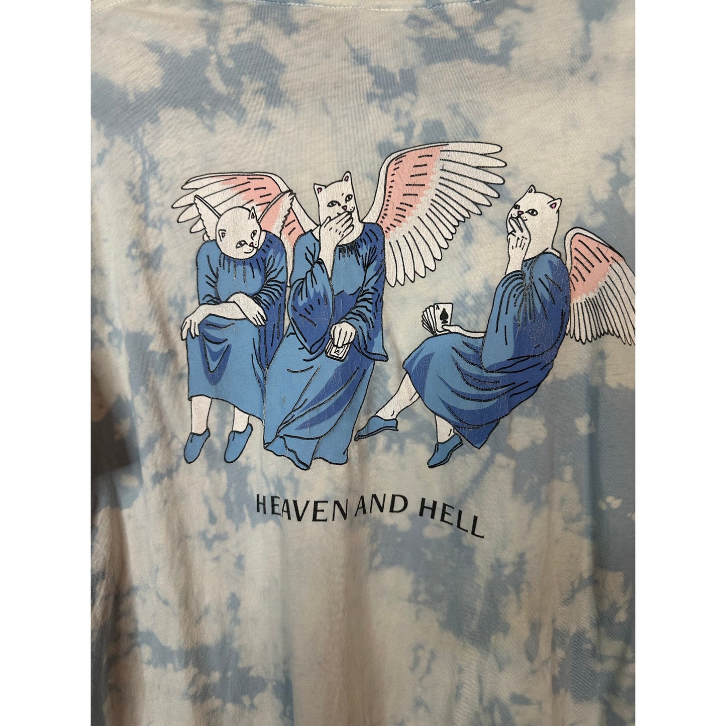 Rip N Dip Blue White Tie Dye Short Sleeve Graphic Cat Angel T-Shirt Size Large